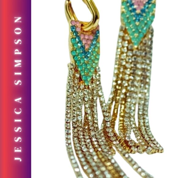 Jessica Simpson Jewelry - NWT Jessica Simpson Long Rain Multicolor Earrings crystals gold 3" shapes